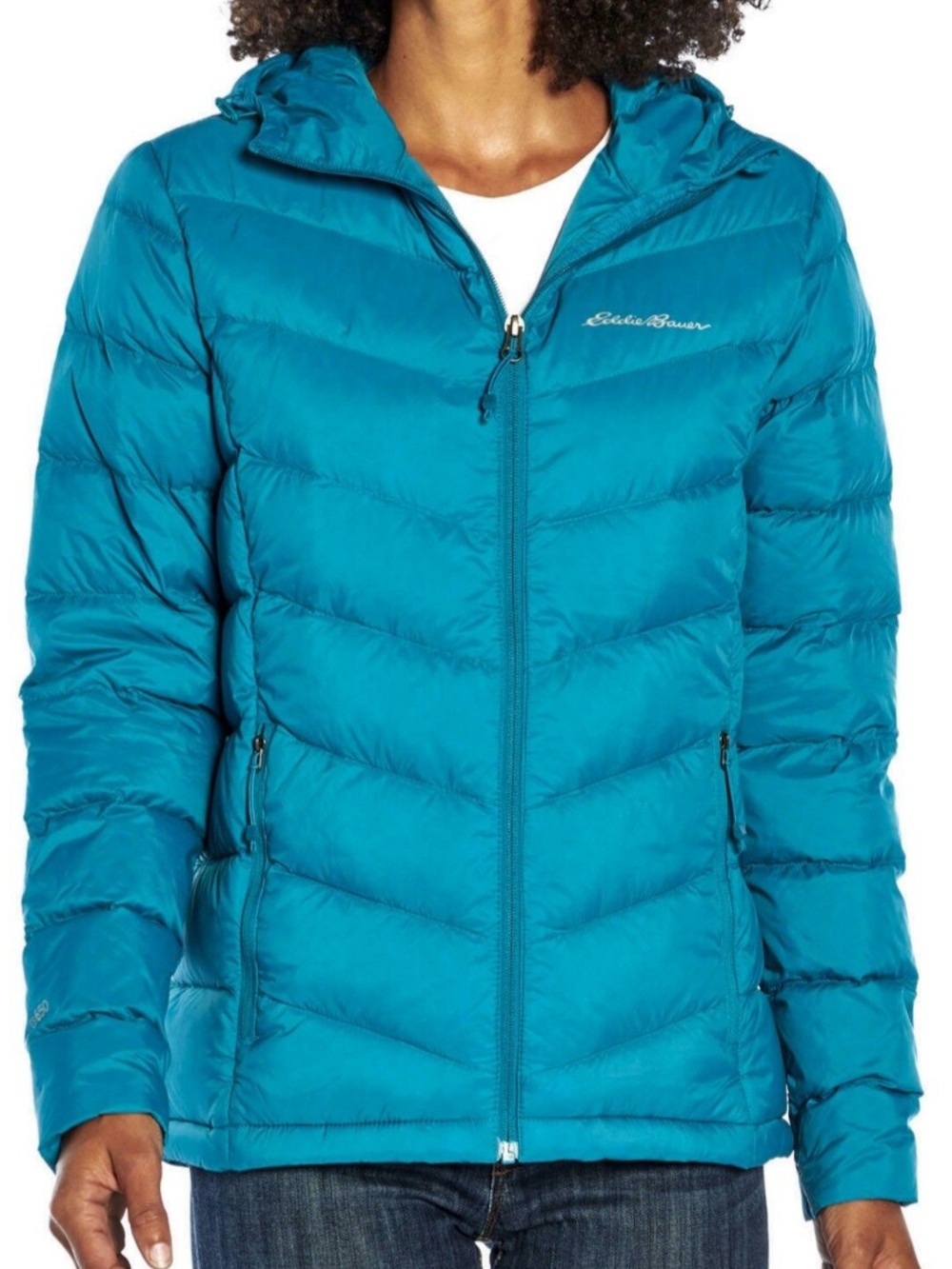 Eddie Bauer Women's Microlight Hooded Down Jacket Teal Blue Puffer Size XL EB650